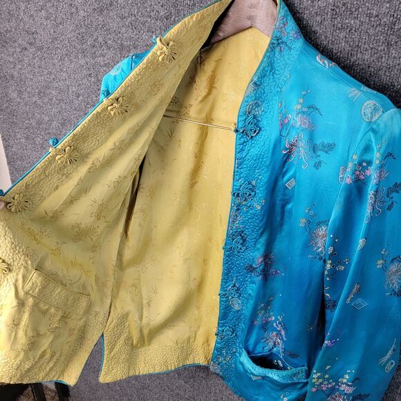 Vtg Peony Chinese Silk-Like Jacket Womens Small Blue Embroidered Mandarin Collar - Picture 3 of 12